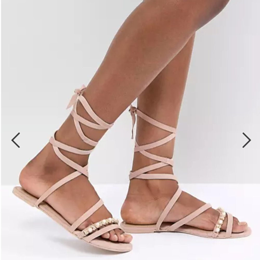 Brand New ASOS Pink Leather Embellished Flat Sandals Sz 8